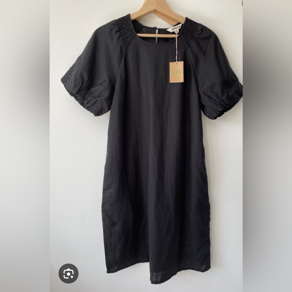 Boden Black Midi Dress with Smocked Neck